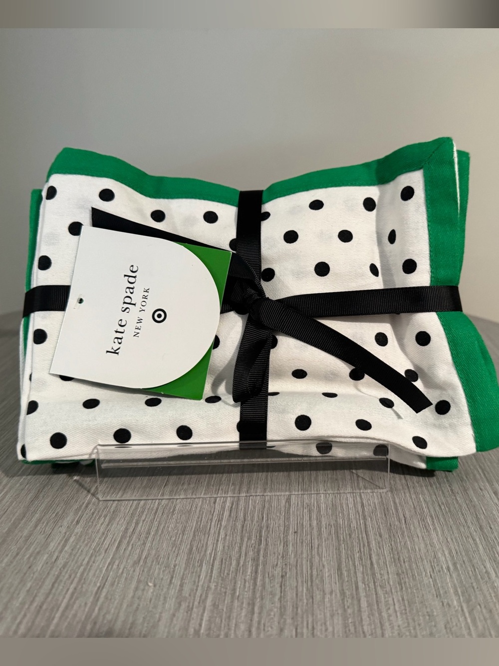 kate spade White and Black Polka Dot Napkins with Green Border - Picture 2 of 4